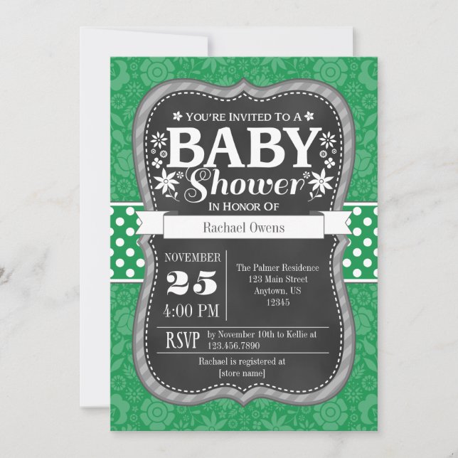 Green Chalkboard Floral Baby Dusche einladen Einladung (Vorderseite)
