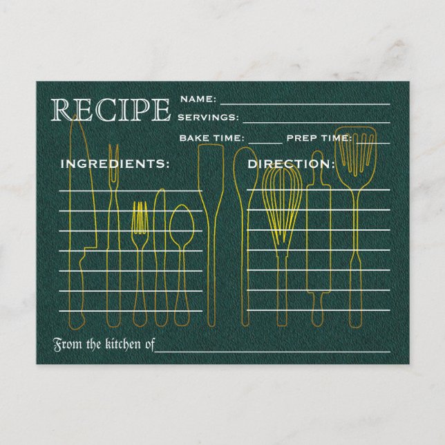 Green Chalkboard Retro Rezept Card Küche Tools Postkarte (Vorderseite)