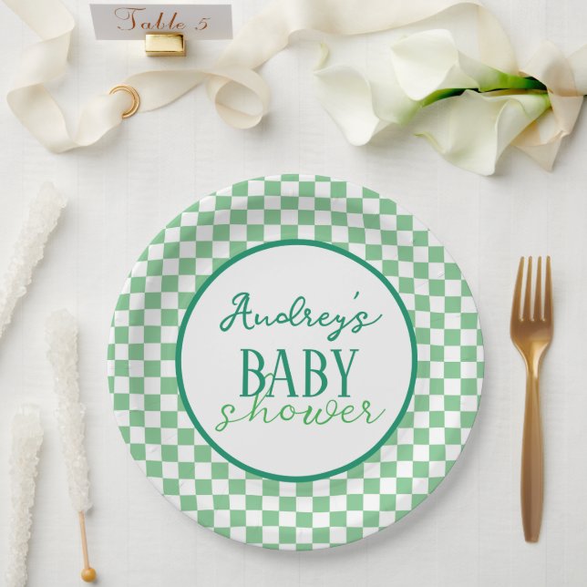 Green Checkerboard Baby Shower Paper Plate Pappteller (Hochzeit)