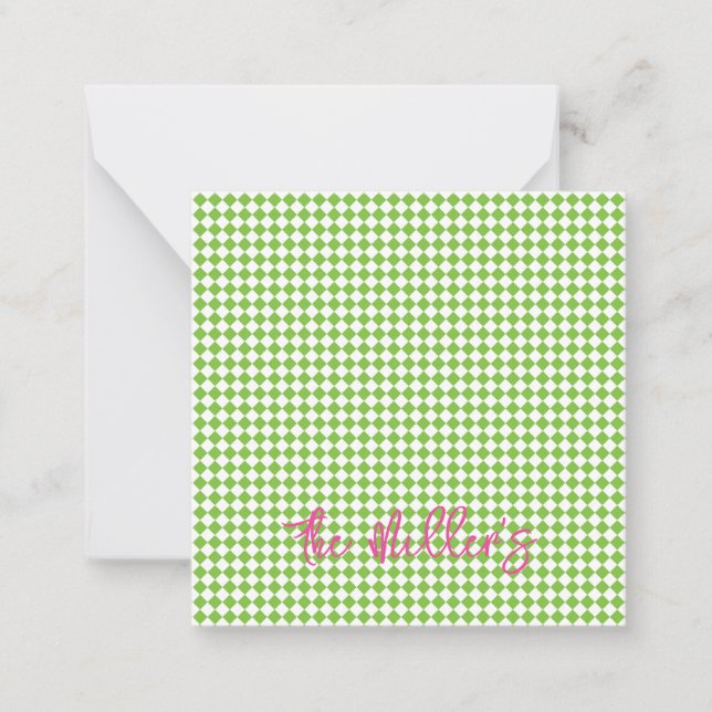 Green Checkerboard Pink NAME Chic Preppy Fun Mitteilungskarte (Vorderseite)