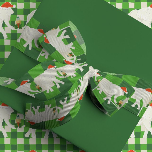 Green Checkered White Elephant Christmas Party Ripsband (White Elephant Christmas Party theme illustrated grosgrain ribbon with a green checkered background.)