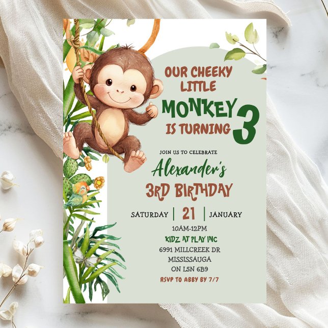 Green Cheeky Little Monkey Savannah Theme Birthday Einladung (Von Creator hochgeladen)