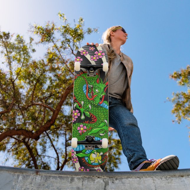 Green Cherry Blossom Dragon Tattoo Skateboard (Außenbereich 1)