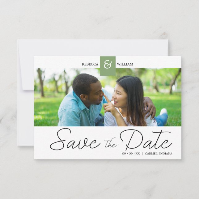 Green Chic Custom Photo Instant Engaged Couple Save The Date (Vorderseite)