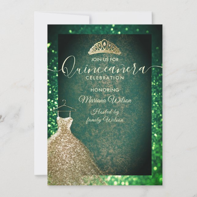 Green chic Gold Sequenzen kleiden tiara Quinceañer Einladung (Vorderseite)