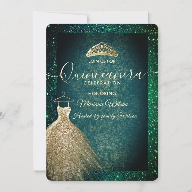 Green chic Gold Sequenzen kleiden tiara Quinceañer Einladung (Vorderseite)
