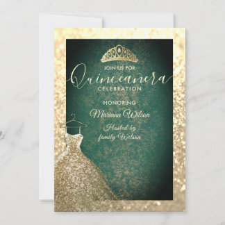 Green chic Gold Sequenzen kleiden tiara Quinceañer Einladung