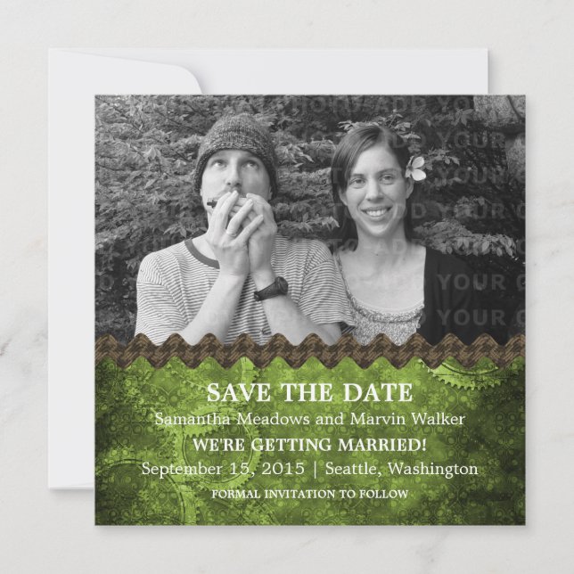 Green Chic Steampunk Foto Save the Date einladen Einladung (Vorderseite)