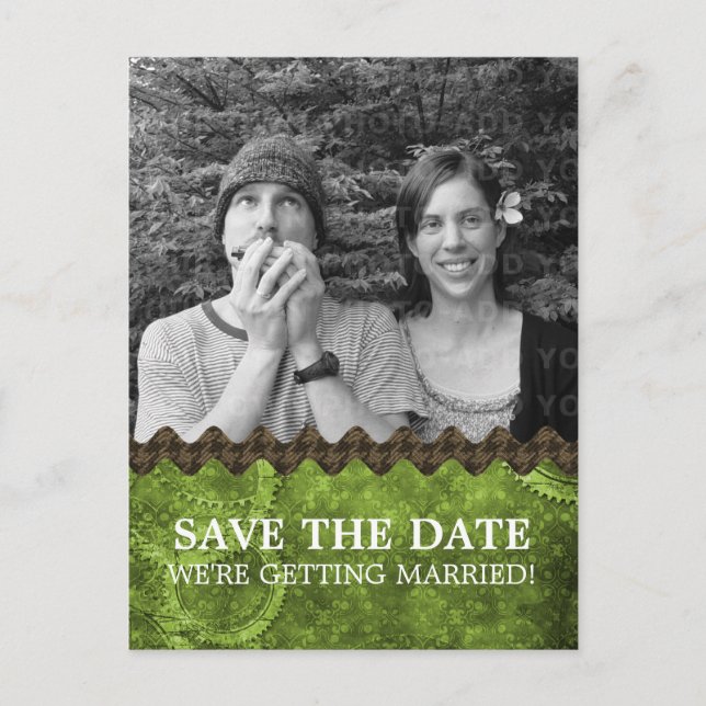 Green Chic Steampunk Foto Save the Date Postkarte (Vorderseite)
