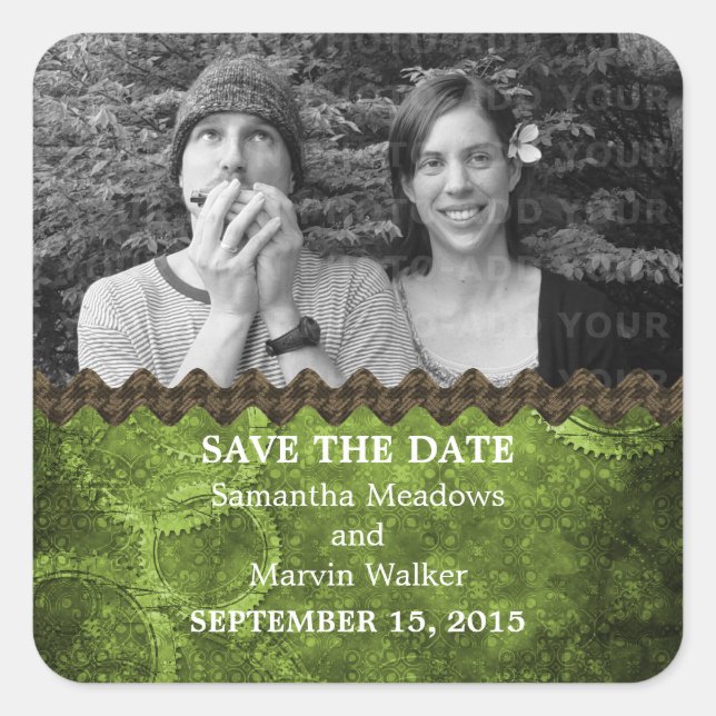 Green Chic Steampunk Foto Save the Date Stickers (Vorderseite)