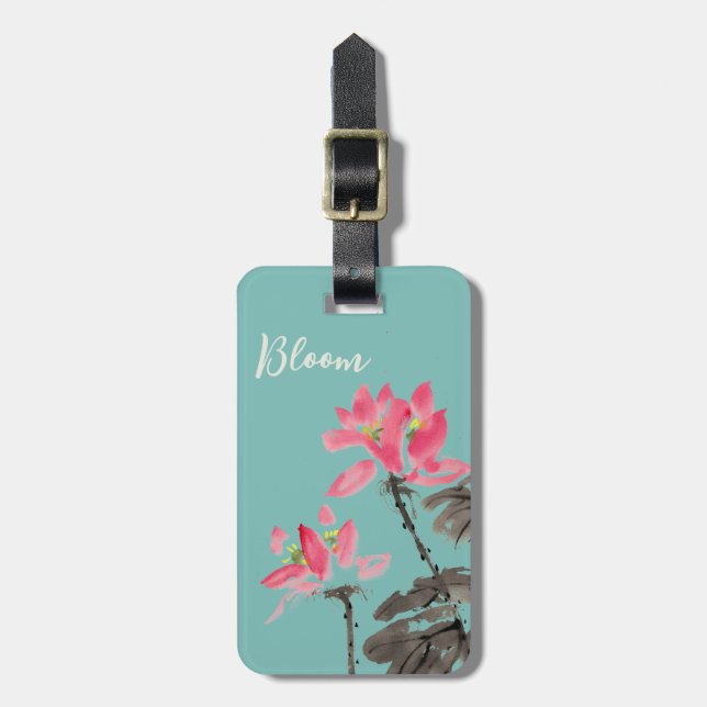 Green Chinoiserie Bloom Quote Lotus Blume Gepäckanhänger (Vorderseite vertikal)