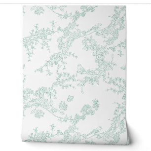Green Chinoiserie Toile Jouy Birds Blumengarten Tapete