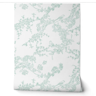 Green Chinoiserie Toile Jouy Birds Blumengarten Tapete