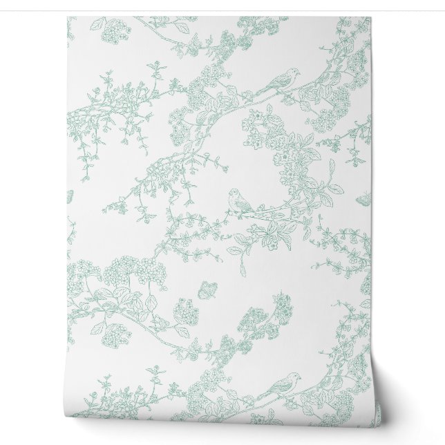 Green Chinoiserie Toile Jouy Birds Blumengarten Tapete (Abrollen)