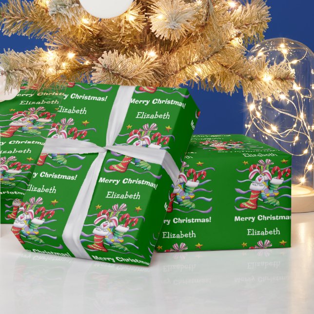 Green Christmas Strumpf Bunny Personalisiert Geschenkpapier (Feiertage)