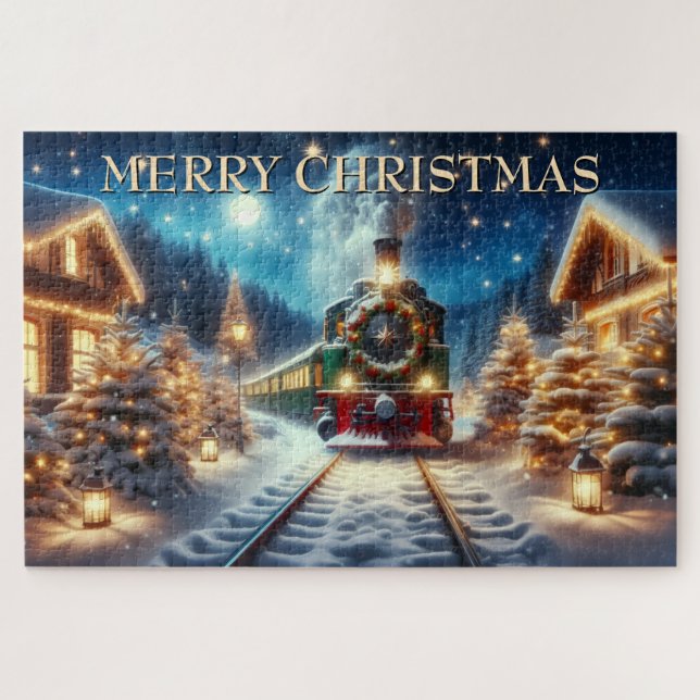 Green Christmas Train in Snowy Village (Horizontal)