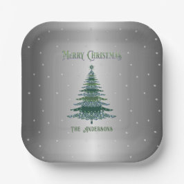 Green Christmas Tree Name Custom Silver Foil Pappteller