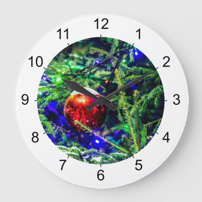 Green Christmas Tree Red Ball Große Wanduhr (Vorderseite)