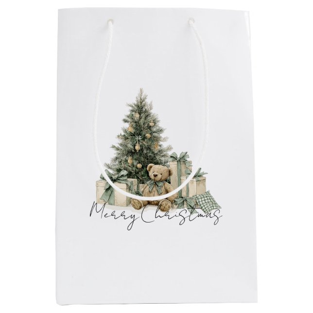 Green Christmas Tree Teddy Bear Gifts Mittlere Geschenktüte (Vorderseite)