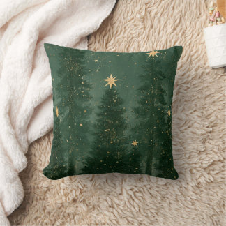 Green Christmas Trees Gold Stars Kissen
