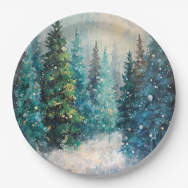 Green Christmas Trees Winter Forest Pappteller