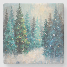 Green Christmas Trees Winter Forest Steinuntersetzer