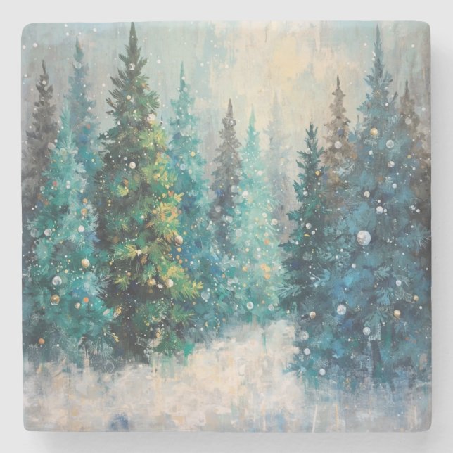 Green Christmas Trees Winter Forest Steinuntersetzer (Vorderseite)