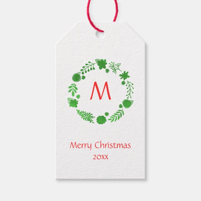 Green Christmas Wreath Red Monogram Geschenkanhänger (Vorderseite)
