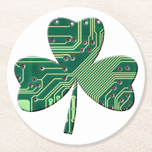 Green Circuit Board St Patrick Day Kleeblatt Runder Pappuntersetzer (Vorderseite)