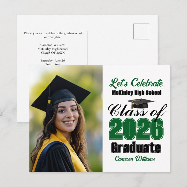 Green Class of 2026 Photo Graduation Party Einladungspostkarte (Vorne/Hinten)