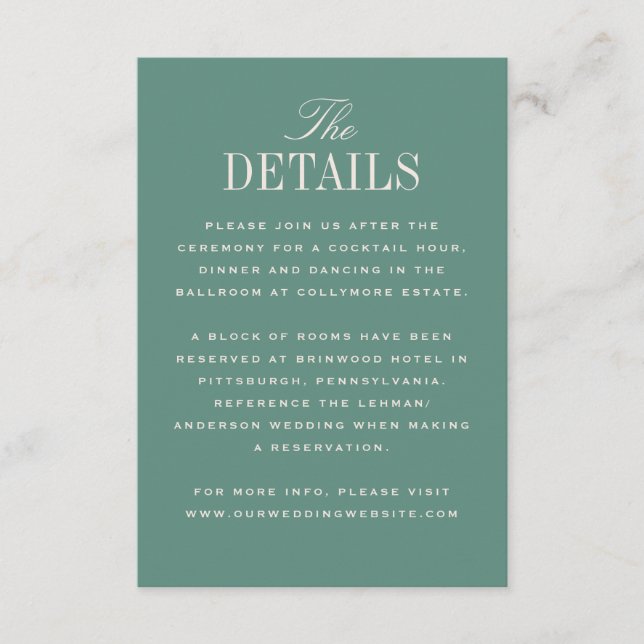 Green Classic Elegance Wedding Details Begleitkarte (Vorderseite)
