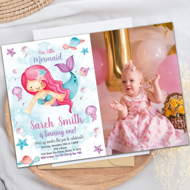 Green Cloud Mermaid Geburtstag Einladung mit Foto (Green Cloud Mermaid Birthday Invitations w photo)