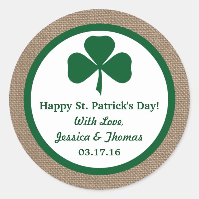Green Clover & Burlap St. Patrick's Day Runder Aufkleber (Vorderseite)