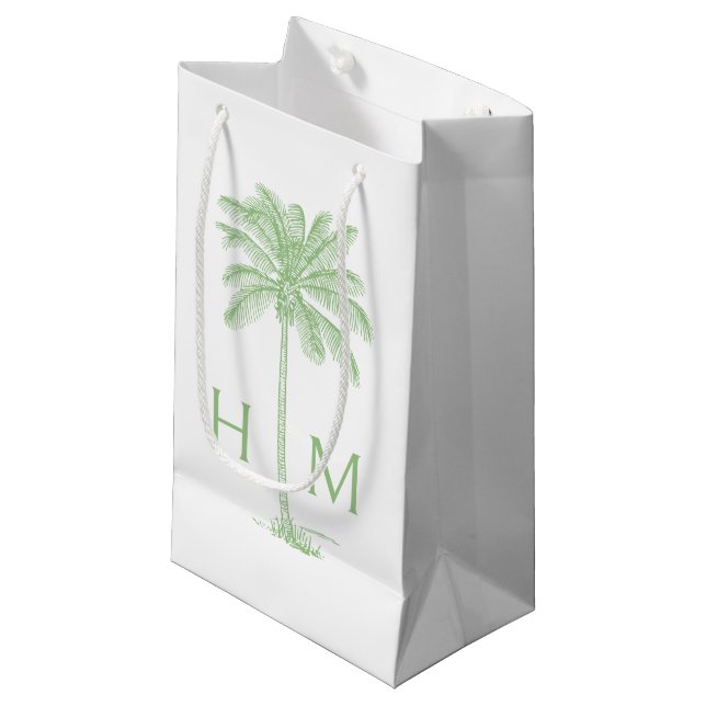Green Coastal Palmetto Palm Monogram Kleine Geschenktüte (Vorderseite Schrägansicht)