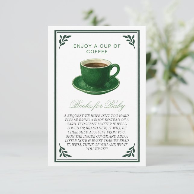 Green Coffee Cup Books for Baby Shower Begleitkarte (Stehend Vorderseite)