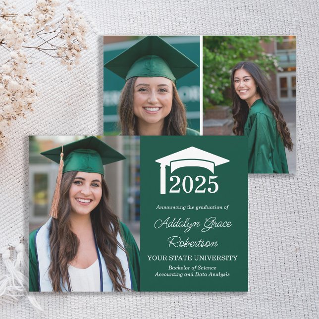 Green College 3 Faire-part de diplôme photo (Green and white 3-photo college of high school graduation announcement)