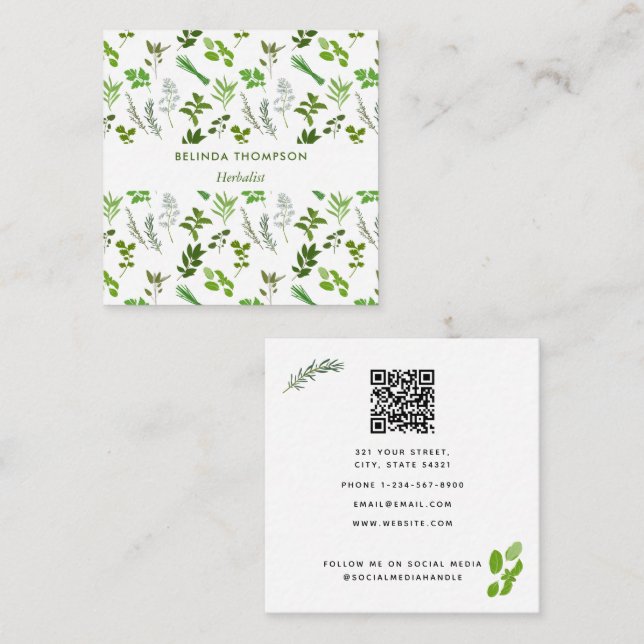 Green Cooking Cultural Garden Herbs QR Code Quadratische Visitenkarte (Vorne/Hinten)