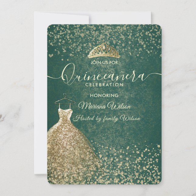 Green cool Gold Sequenzen kleiden tiara Quinceañer Einladung (Vorderseite)