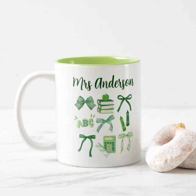 Green Coquette Bow Kindergarten Grundschullehrer Zweifarbige Tasse (Mit Donut)