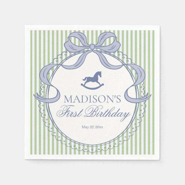 Green Coquette Bow Rocking Horse Birthday Dessert Serviette (Vorderseite)