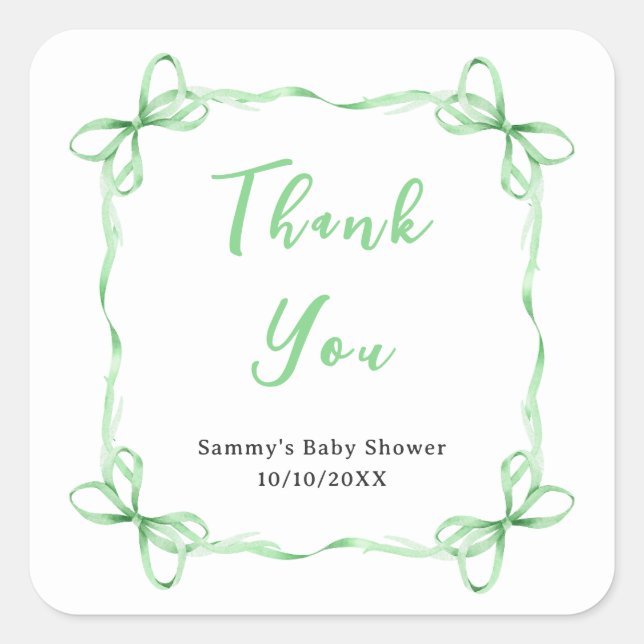 Green Coquette Ribbon Baby Dusche Danke Quadratischer Aufkleber (Vorderseite)
