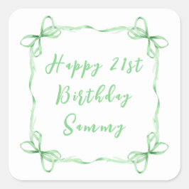 Green Coquette Ribbon Happy Birthday Quadratischer Aufkleber