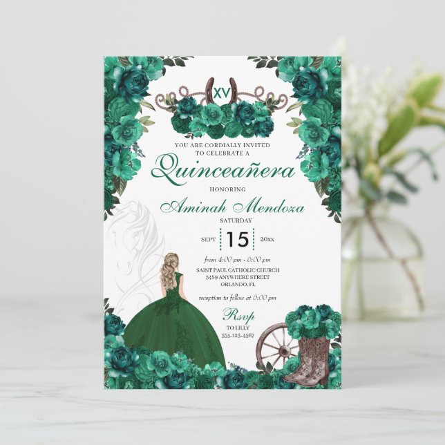 Green Cowgirl Boots Ranch Charra Quinceañera Einladung (Stehend Vorderseite)