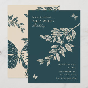 Green Cream Floral Butterfly Art Einladung