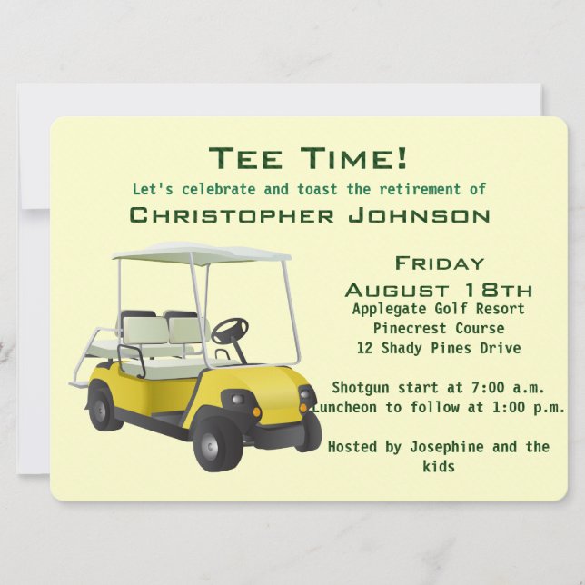 Green Cream Golf Cart Retirement Party Einladung (Vorderseite)