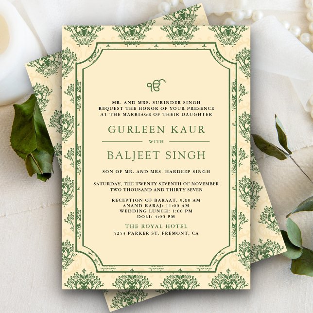 Green Cream Ikat Anand Karaj Sikh Wedding Einladung (Von Creator hochgeladen)