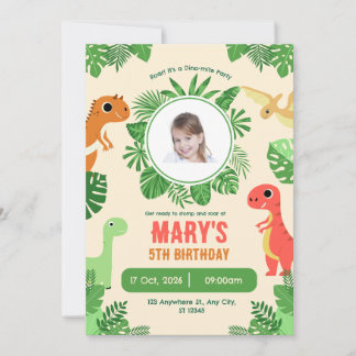 Green Cream Photo Cute Dinosaurs 5th birthday  Einladung