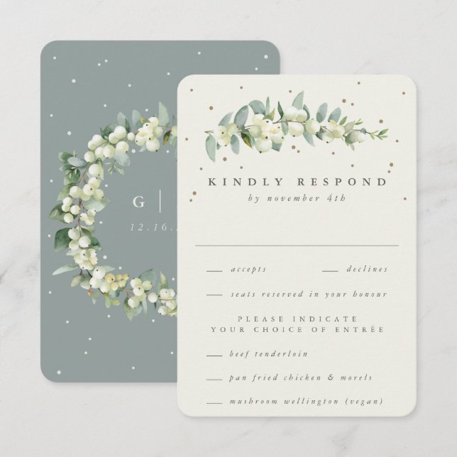 Green/Cream Snowberry+Eucalyptus Stem Wedding RSVP Karte (Vorne/Hinten)