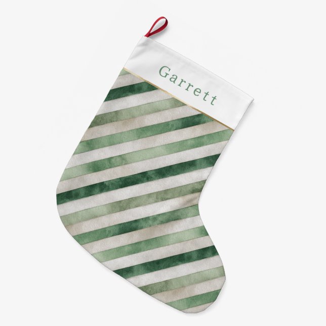 Green Cream Stripes Christmas Großer Weihnachtsstrumpf (Vorderansicht (hängend))