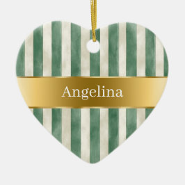 Green Cream White Stripes Gold Ribbon Christmas Keramik Ornament